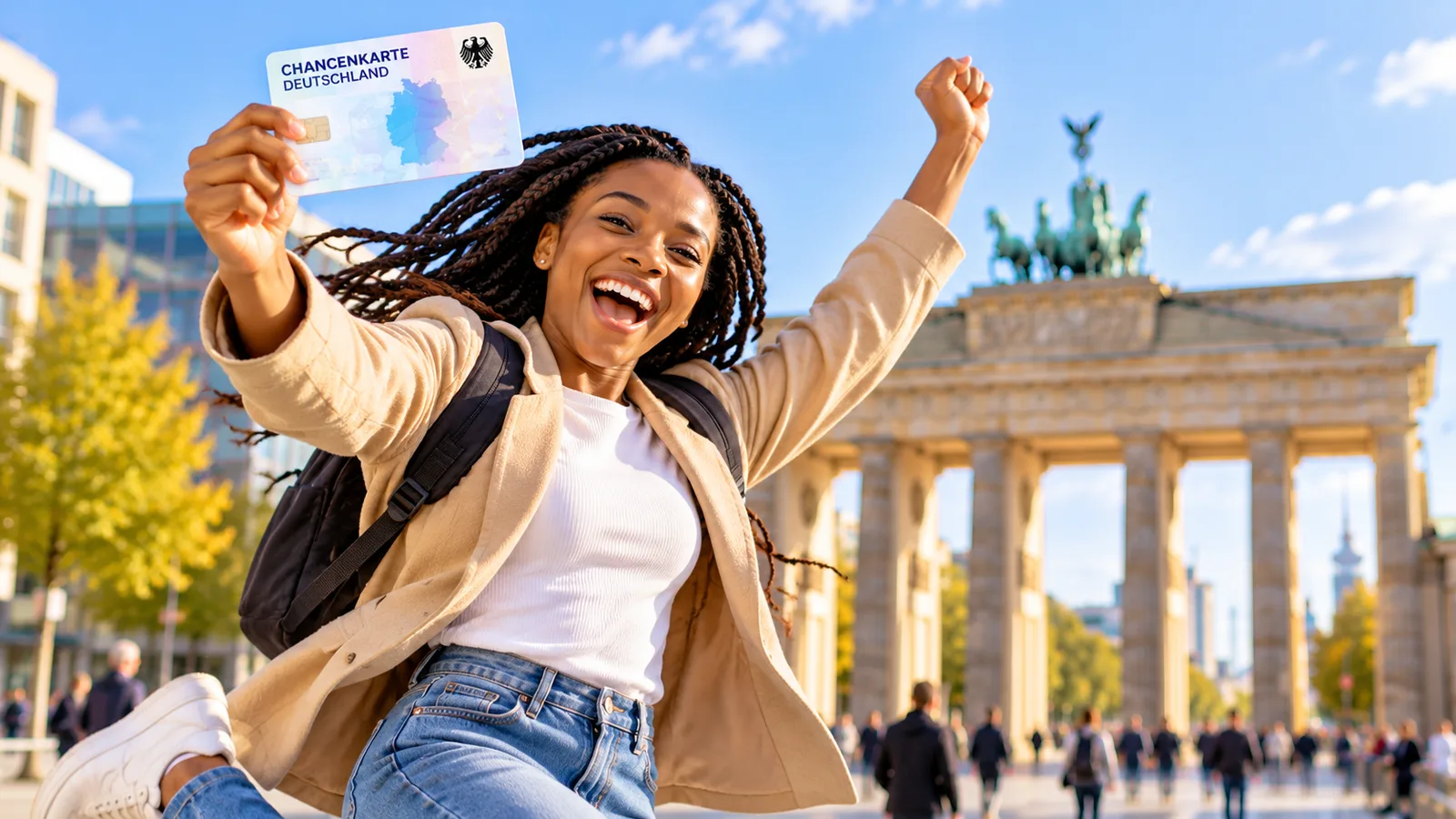 Une candidate brandit sa Chancenkarte devant la porte de Brandebourg à Berlin