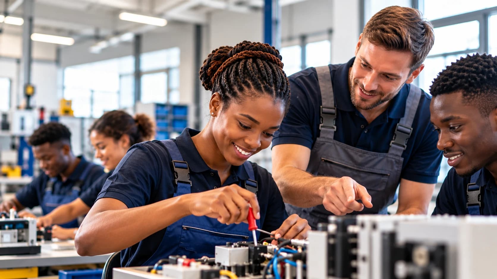 De jeunes apprentis en formation technique avec leur formateur en atelier