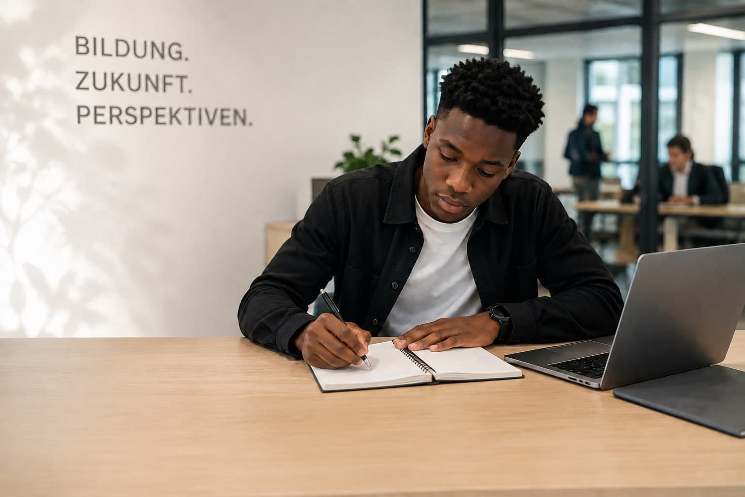 Un candidat prépare son dossier d'Ausbildung, mur « Bildung. Zukunft. Perspektiven. »