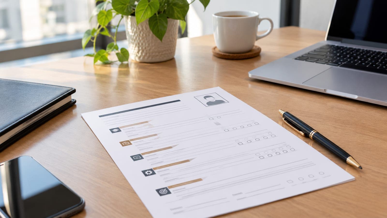 Un CV posé sur un bureau à côté d'un ordinateur portable, prêt pour une évaluation de profil