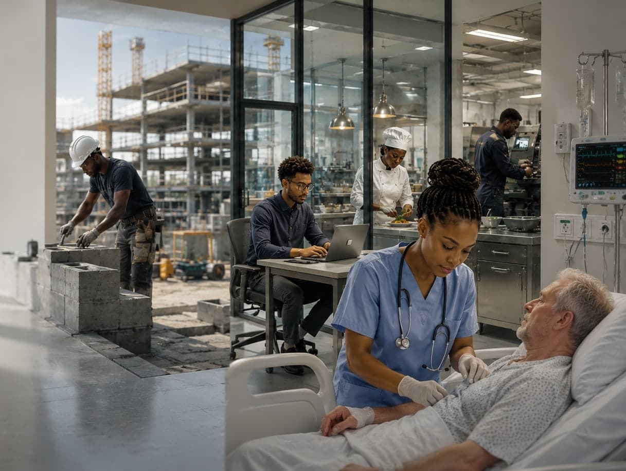 Une infirmière, un ouvrier du bâtiment, un informaticien, un cuisinier et un technicien industriel africains au travail en Allemagne
